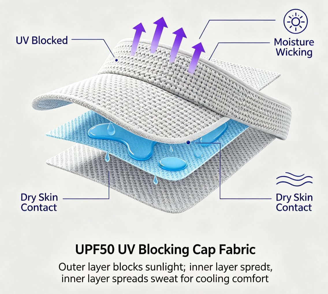 UPF50 and moisture wicking fabric layers for headwear
