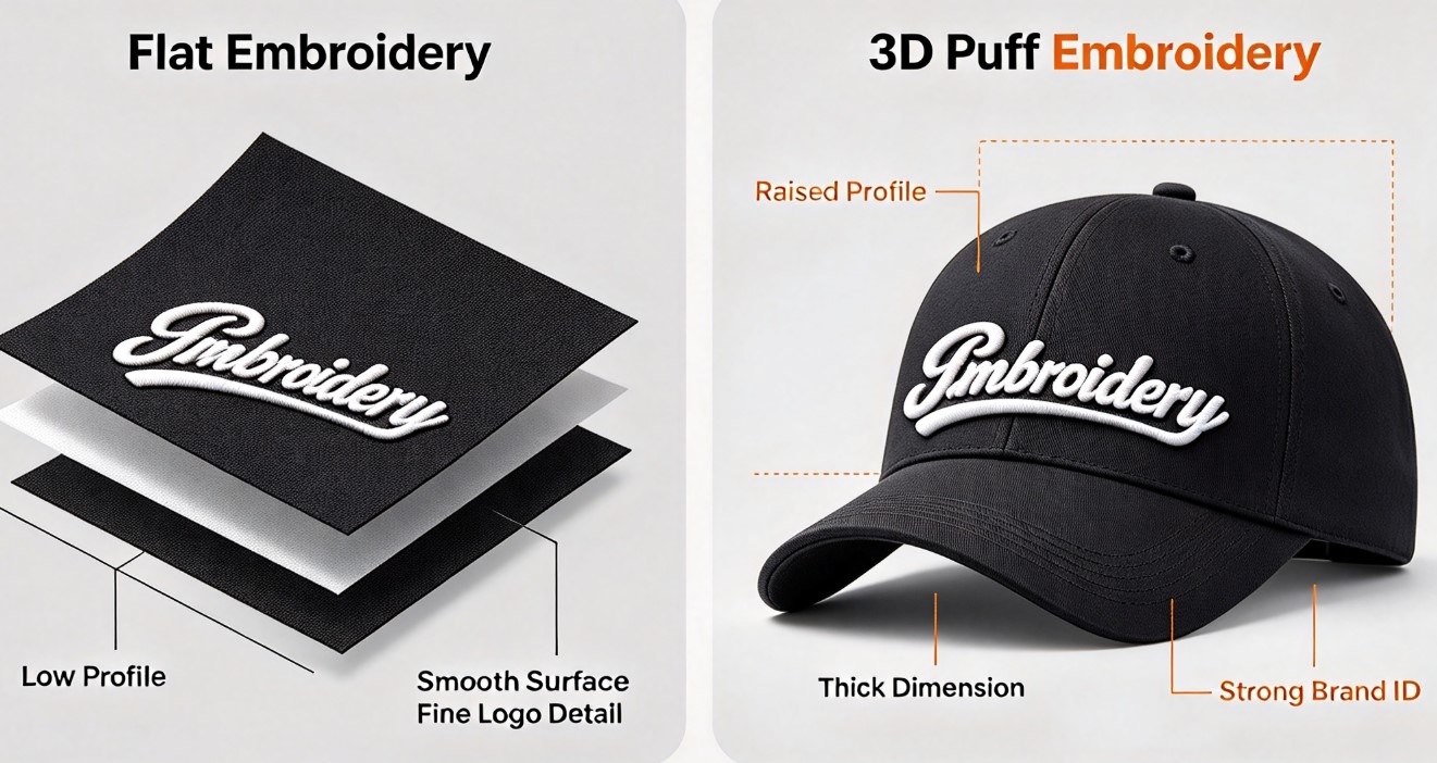 Custom Hat Embroidery Guide: Flat vs. 3D Puff Techniques for Brands
